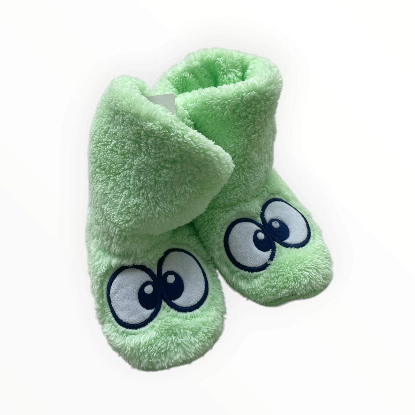 Pierrot Outlet pluche pantoffels voor kinderen in lichtgroen met grote ogen. Zacht en comfortabel.