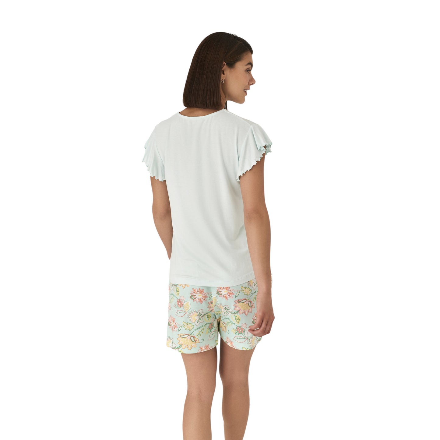 Pierrot Outlet lichtblauwe pyjamaset met korte pofmouwen en bloemenprint short