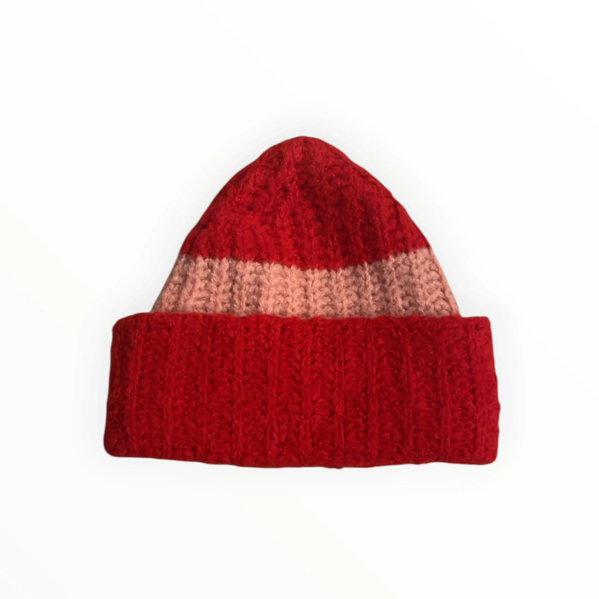 Pierrot Outlet handgebreide rode beanie met zachtroze accentstreep en omgeslagen boord voor dames en heren