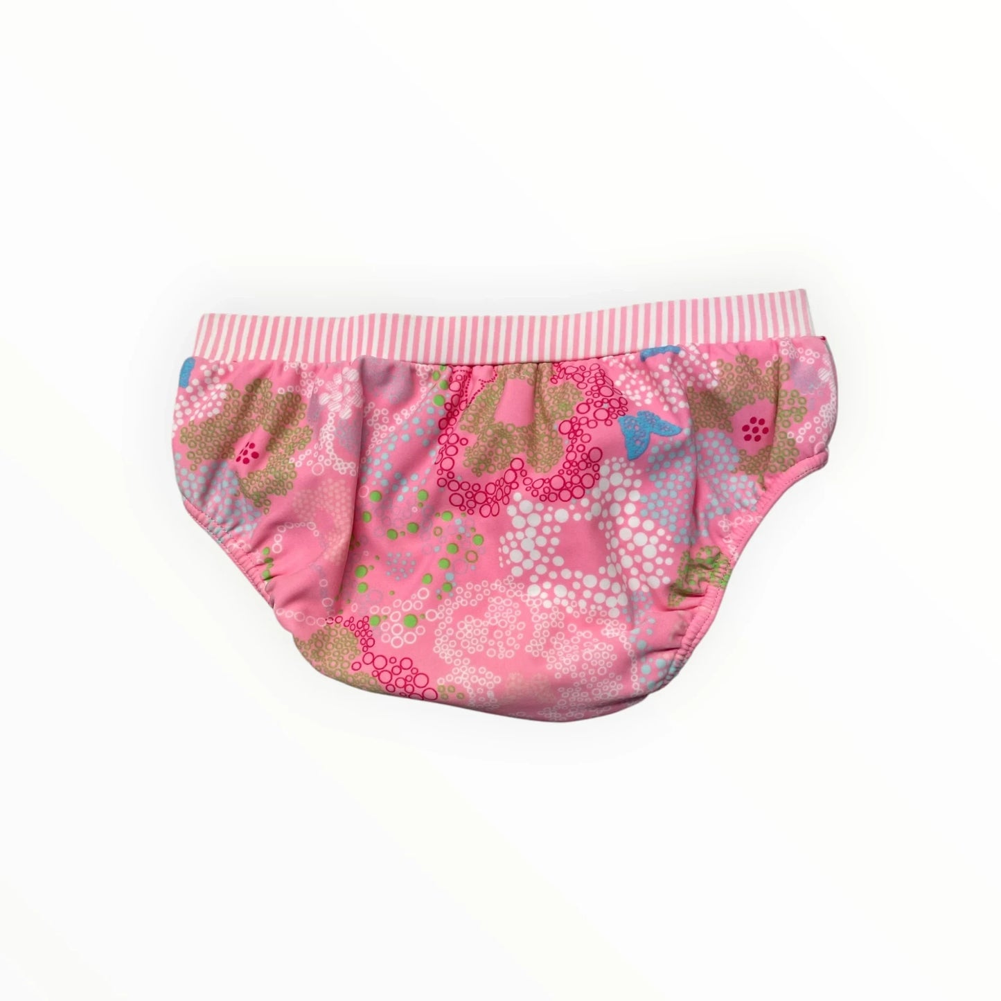 Pierrot Outlet roze baby zwemluierbroekje met bloemenpatroon en gestreepte elastische tailleband.