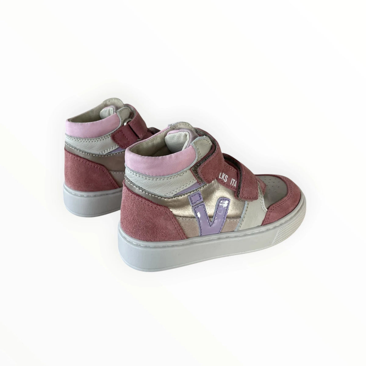 Pierrot Outlet handgemaakte hoge sneakers in roze, goud en lila suède en leer met klittenbandsluiting