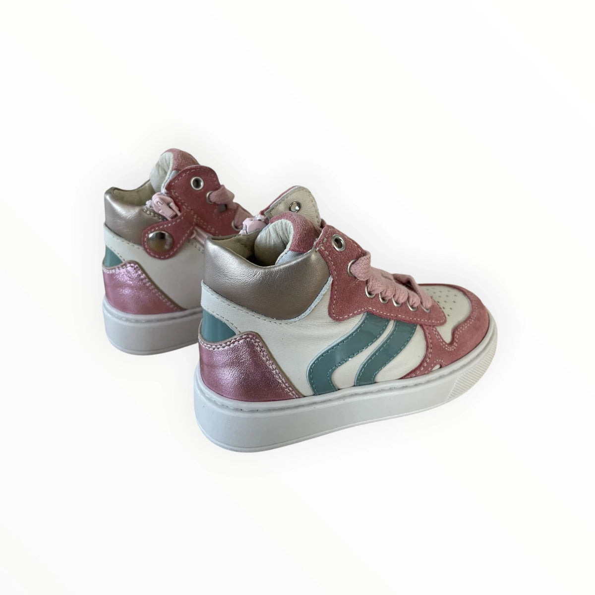 Pierrot Outlet hoge kindersneakers in roze suède, metallic roze en zeegroen met veters en ritssluiting