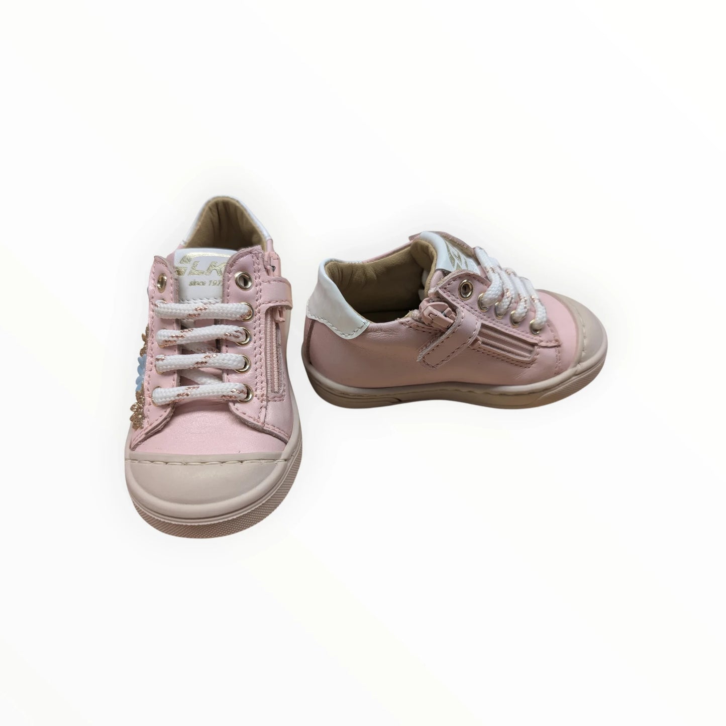 Pierrot Outlet roze leren kindersneakers met bloemenapplicaties, ritssluiting en veters