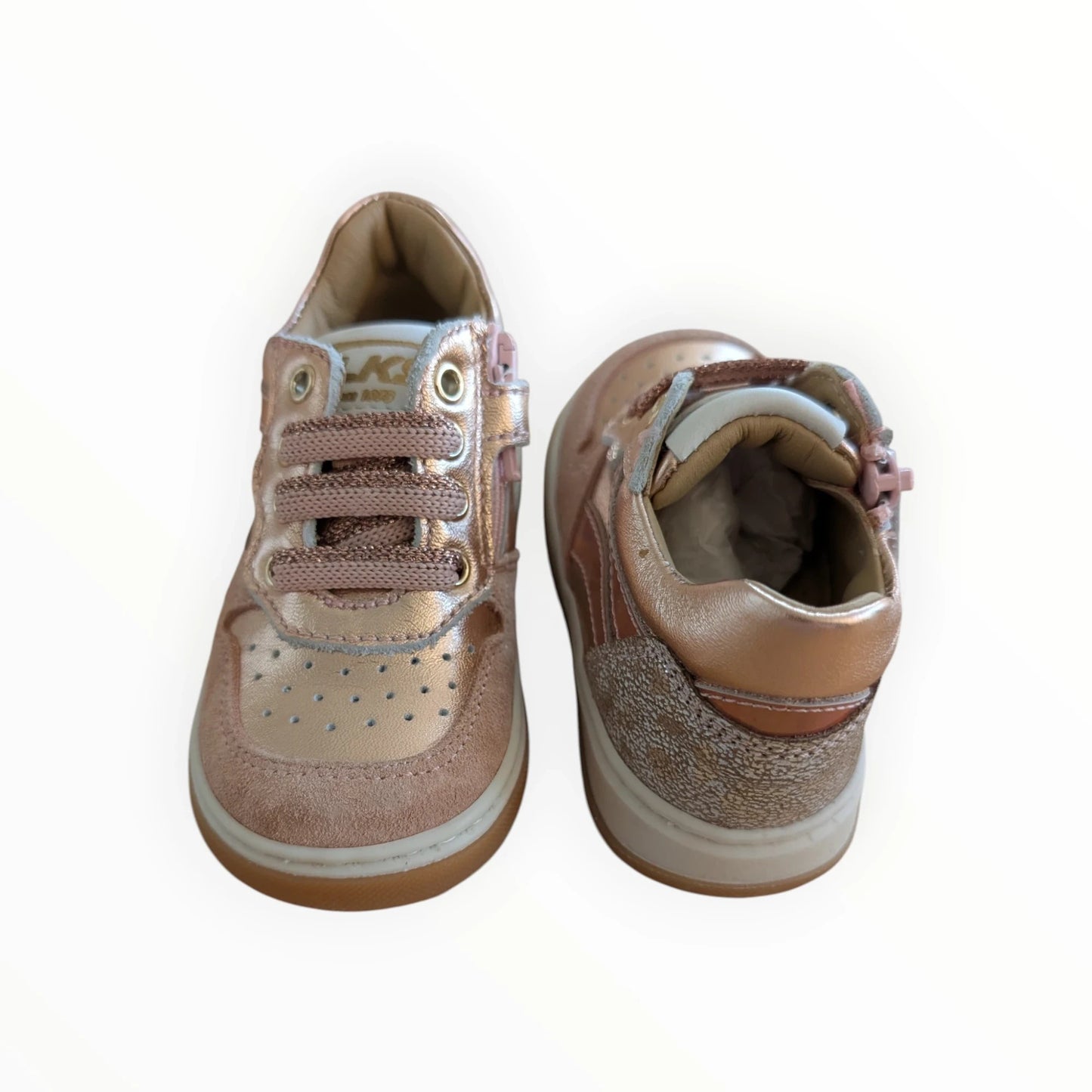 Pierrot Outlet roze kindersneakers met veters en rits, suède en glanzend materiaal, glitterdetails