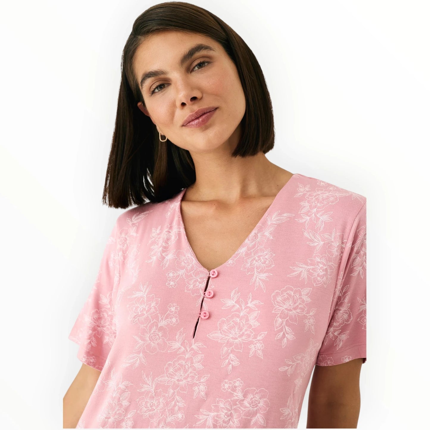 Pierrot Outlet roze nachtjapon met korte mouwen, bloemenprint, V-hals en knoopjes