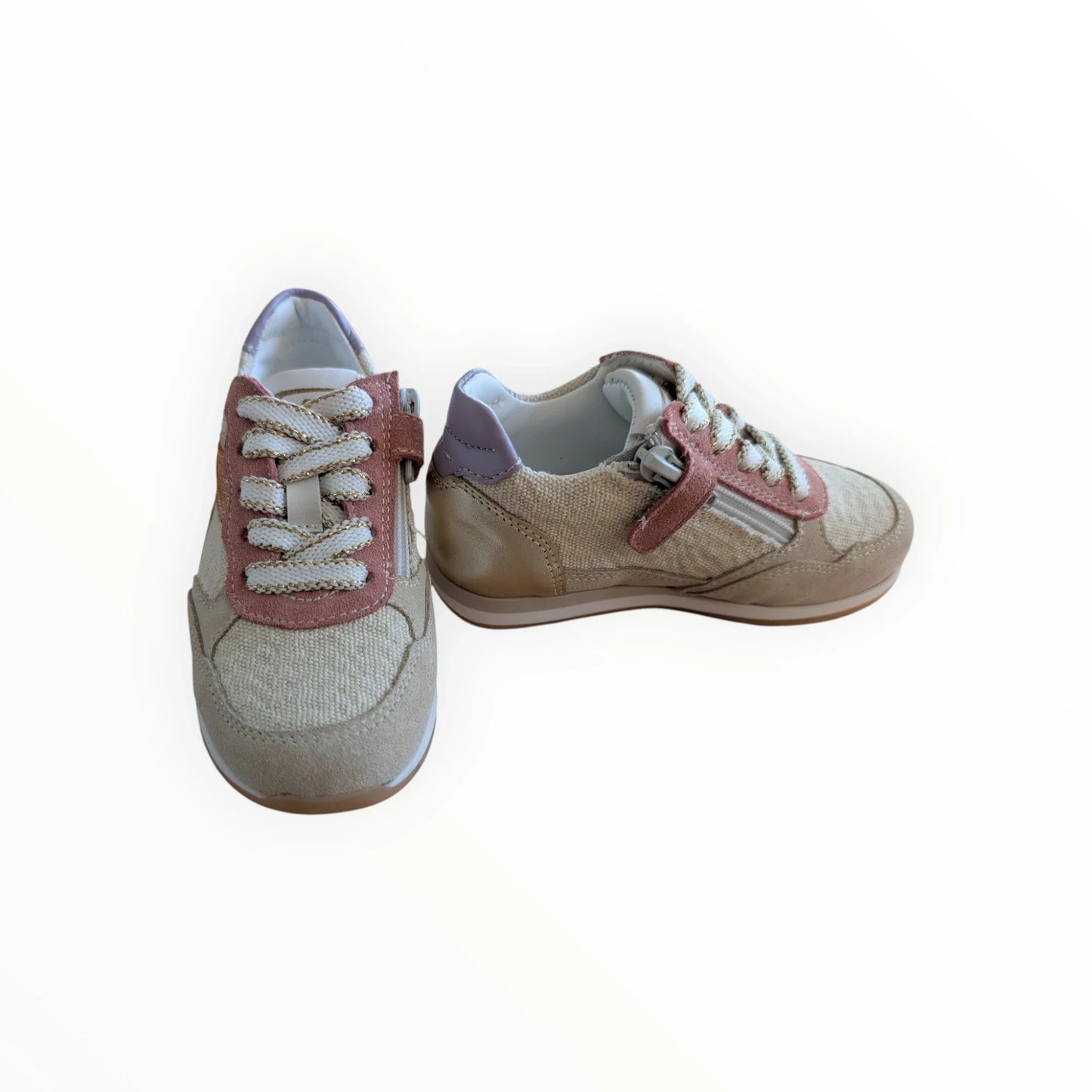 Pierrot Outlet beige en roze sneakers met rits en veters, textiel en suède, gouden details.