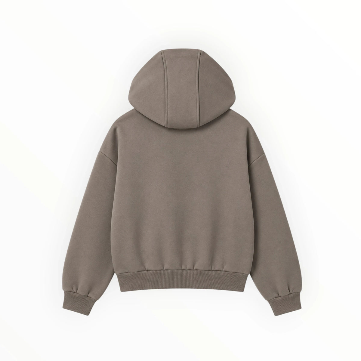 Pierrot Outlet taupekleurige hoodie met capuchon en elastische boorden, achterkant zichtbaar op een witte achtergrond.
