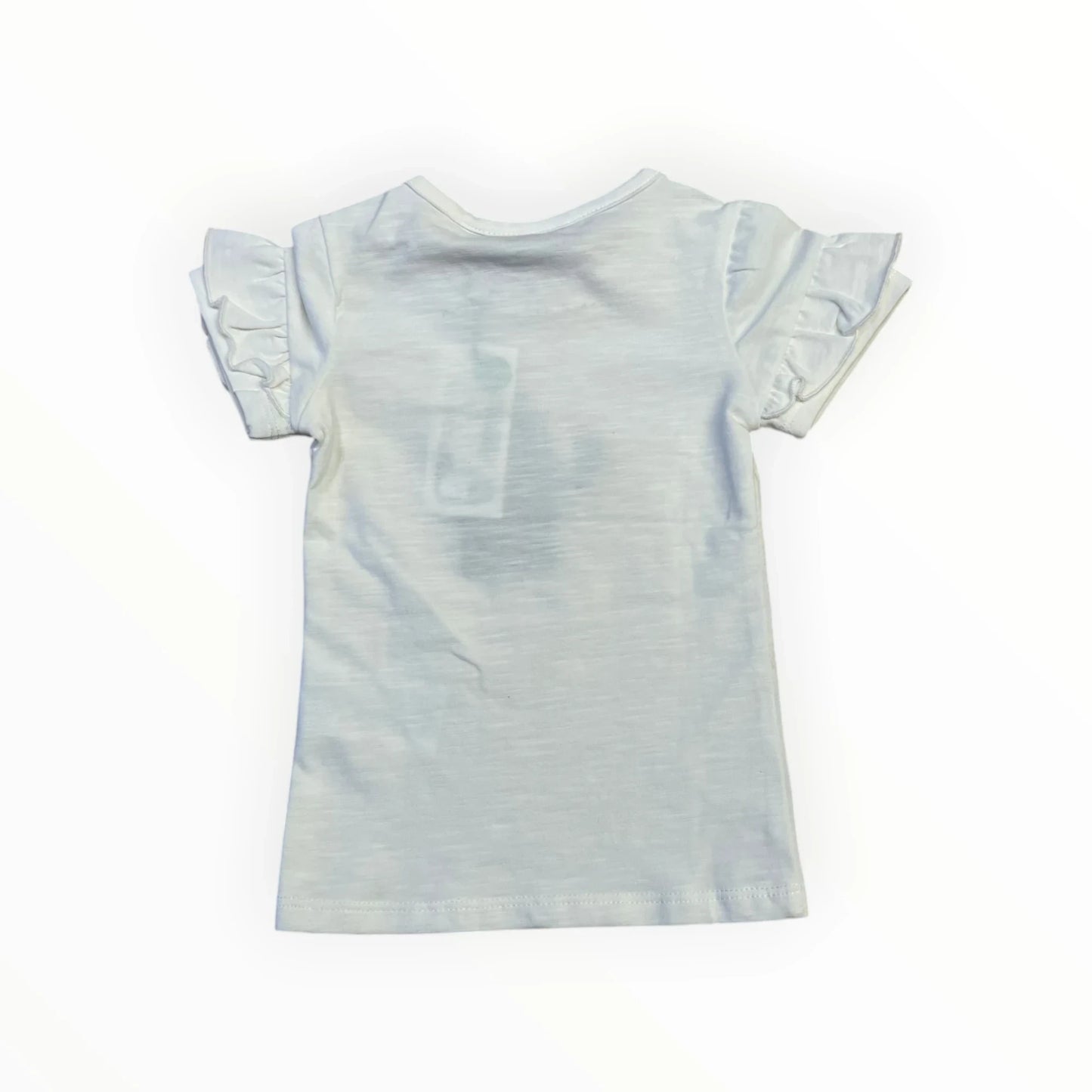 Pierrot Outlet wit katoenen T-shirt met korte ruchesmouwen en pastelkleurige LIKE FLO print.
