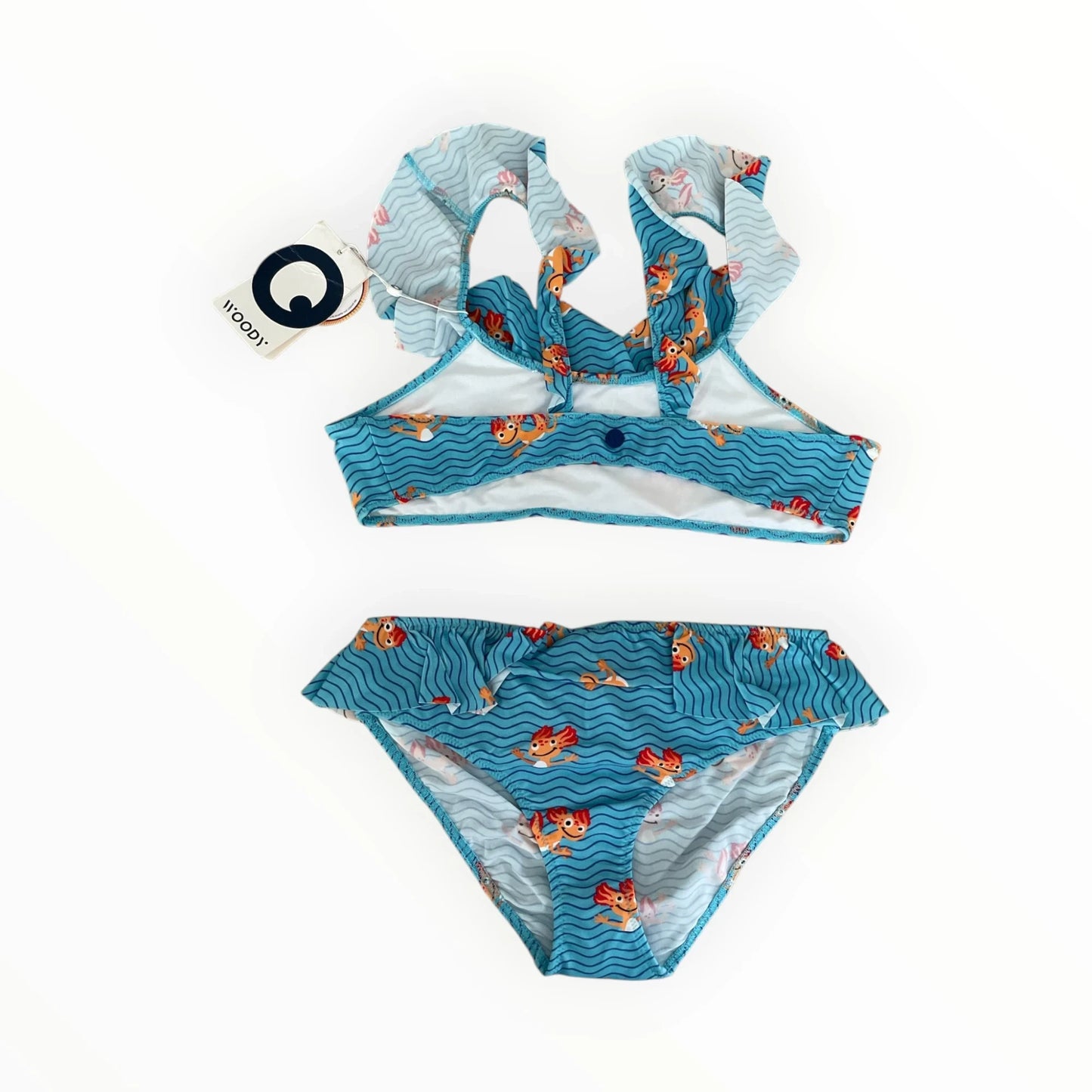 Blauwe Pierrot Outlet Woody bikini voor kinderen met ruches en een vrolijke print van zwemmende figuurtjes.