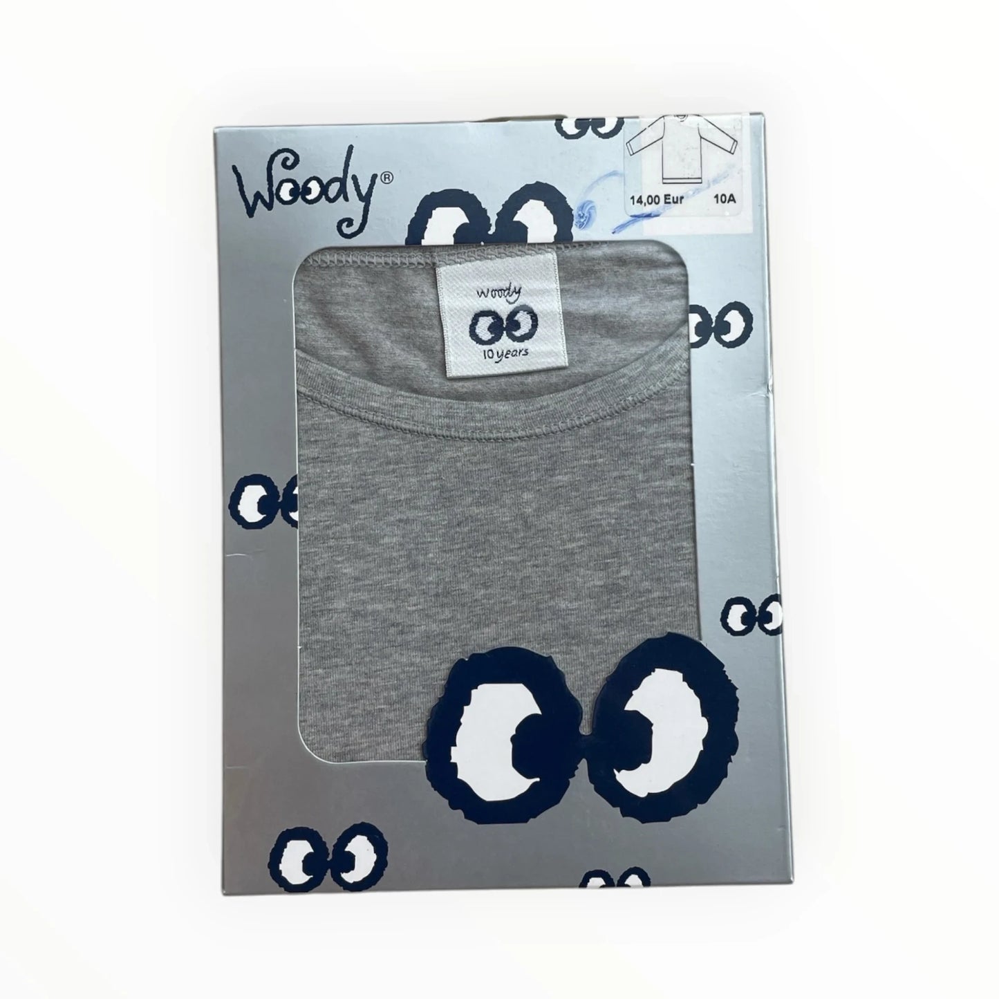 Pierrot Outlet Woody grijze longsleeve voor kinderen met oogjesprint, maat 10 jaar. Gemaakt van zacht katoen.