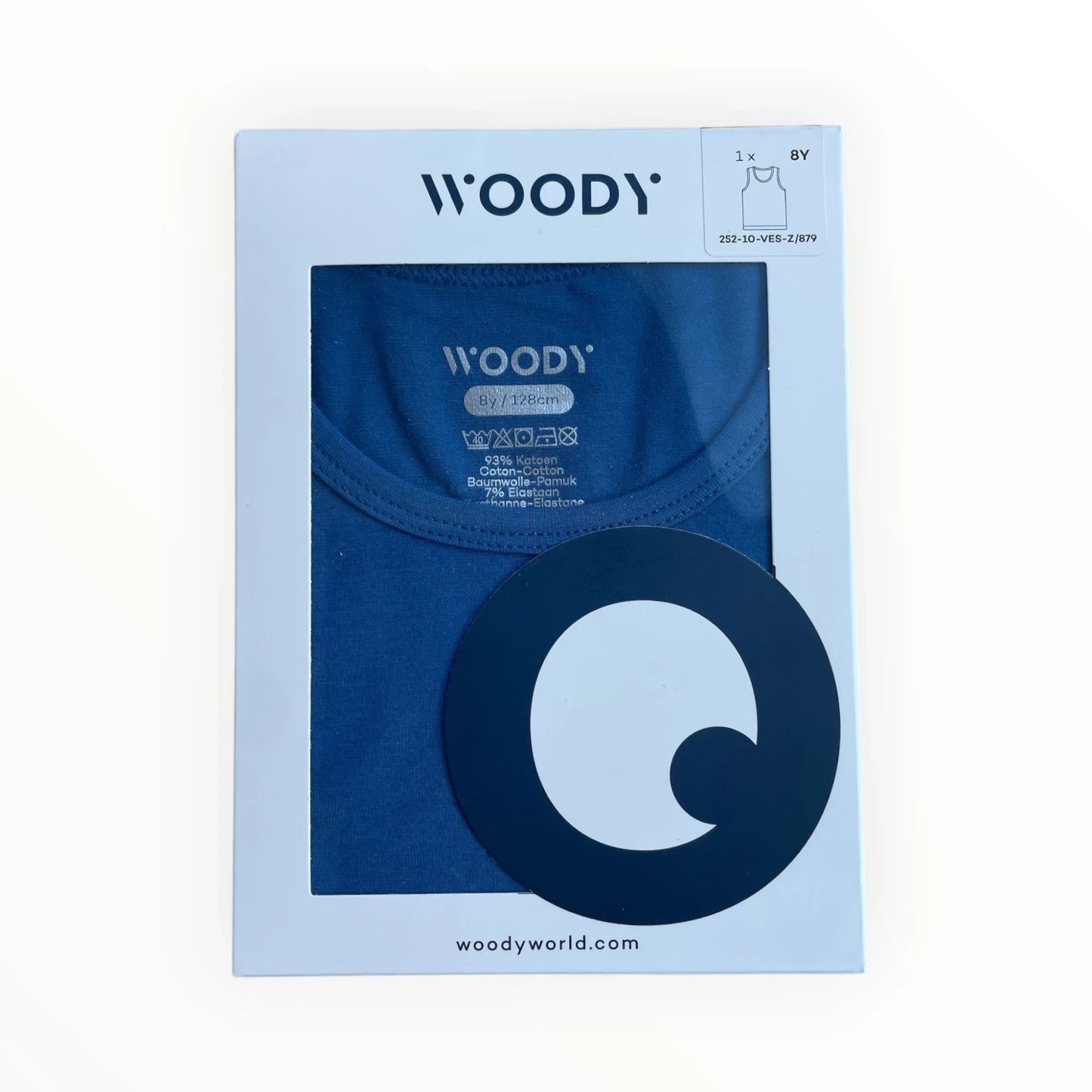 Pierrot Outlet WOODY kinder onderhemd in effen blauw, gemaakt van 93% katoen en 7% elastan. Ronde hals en brede banden.