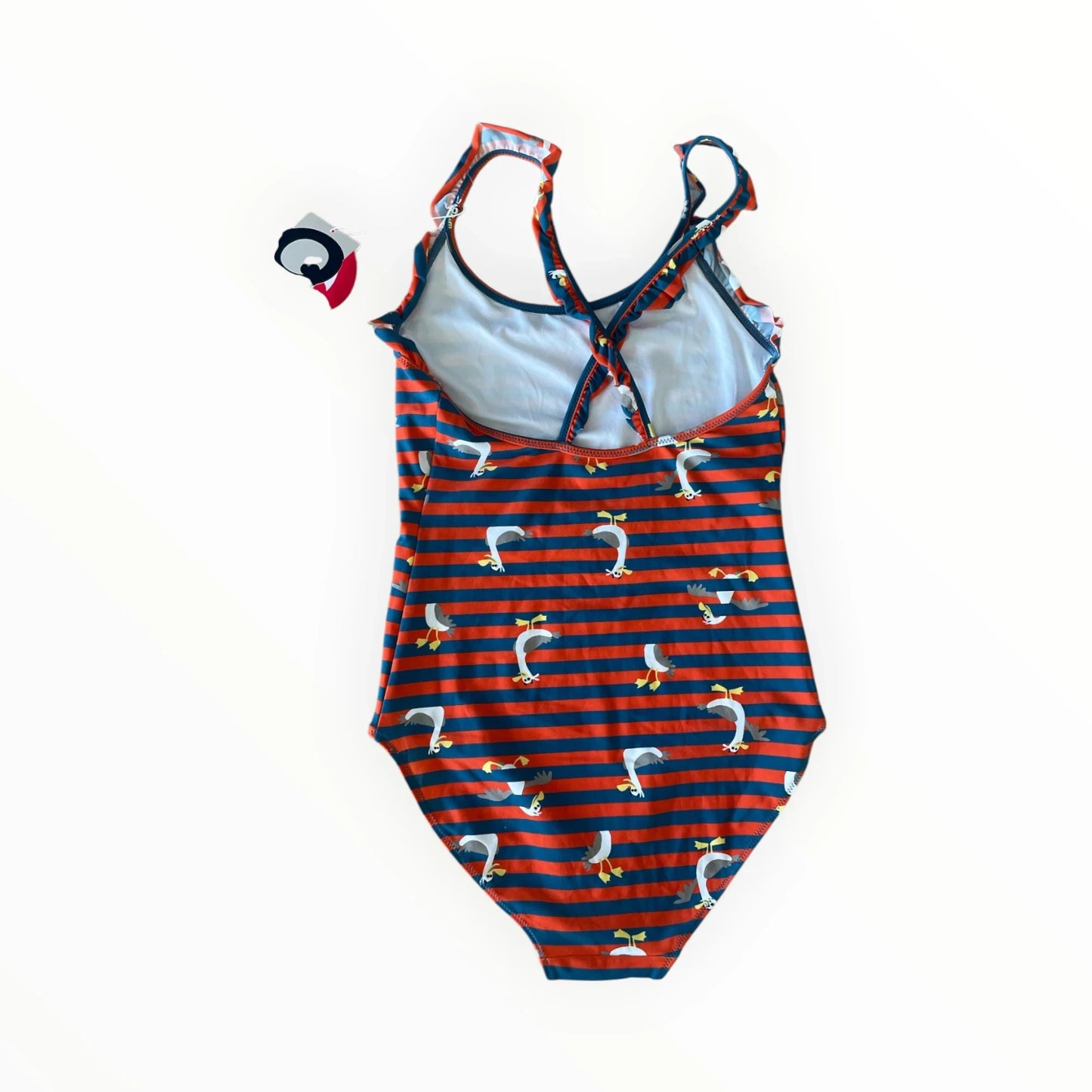 Pierrot Outlet WOODY meisjes badpak met vogelprint, oranje en blauwe strepen, ruches en gekruiste rugbandjes.