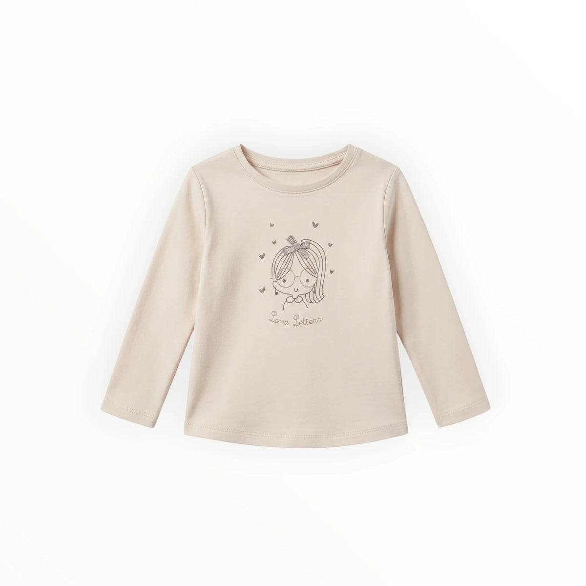 Pierrot Outlet zandkleurig meisjes T-shirt met lange mouwen, katoenmix met Love Letters print en meisje met strik