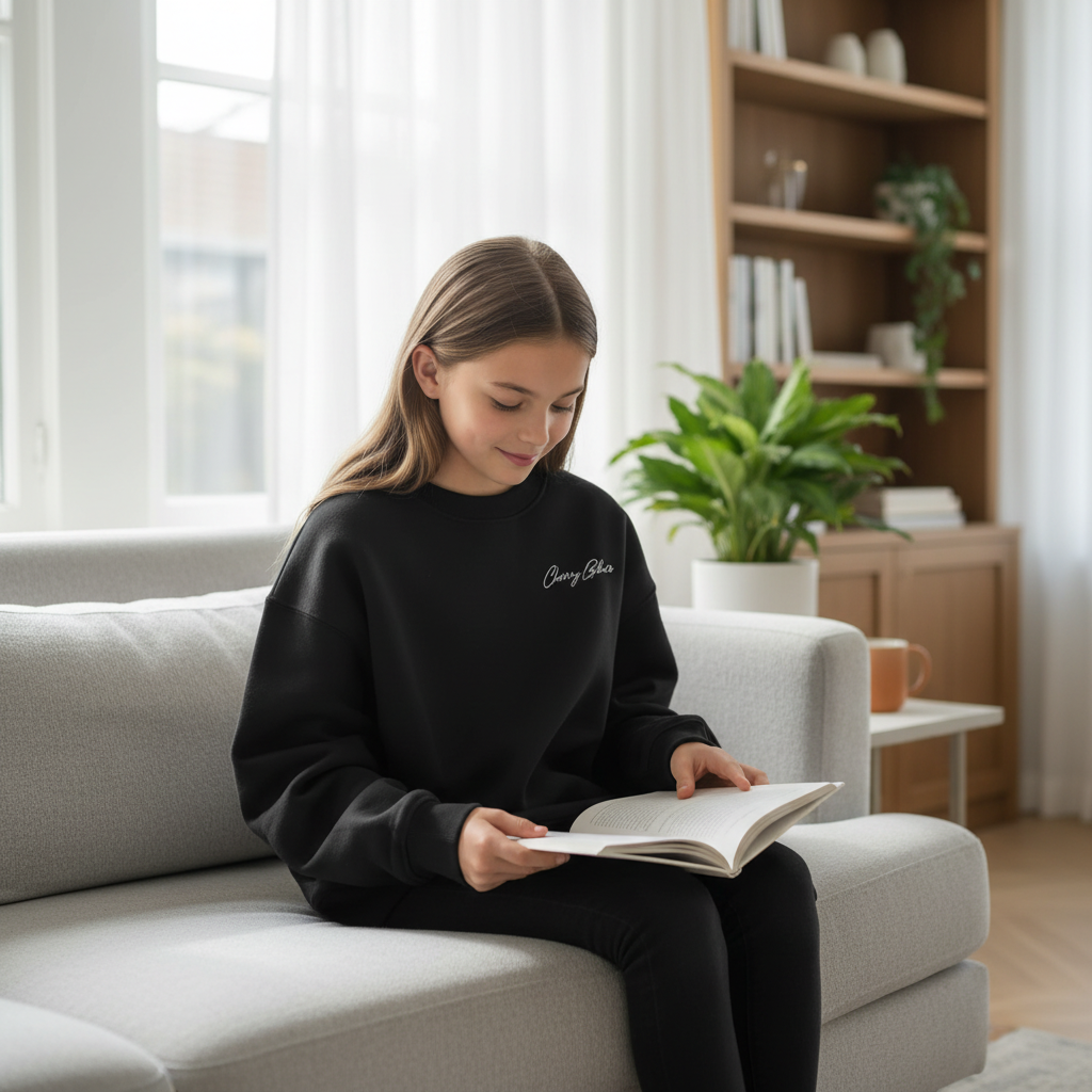Zwarte sweater met kersenprint (Sofie Schnoor)