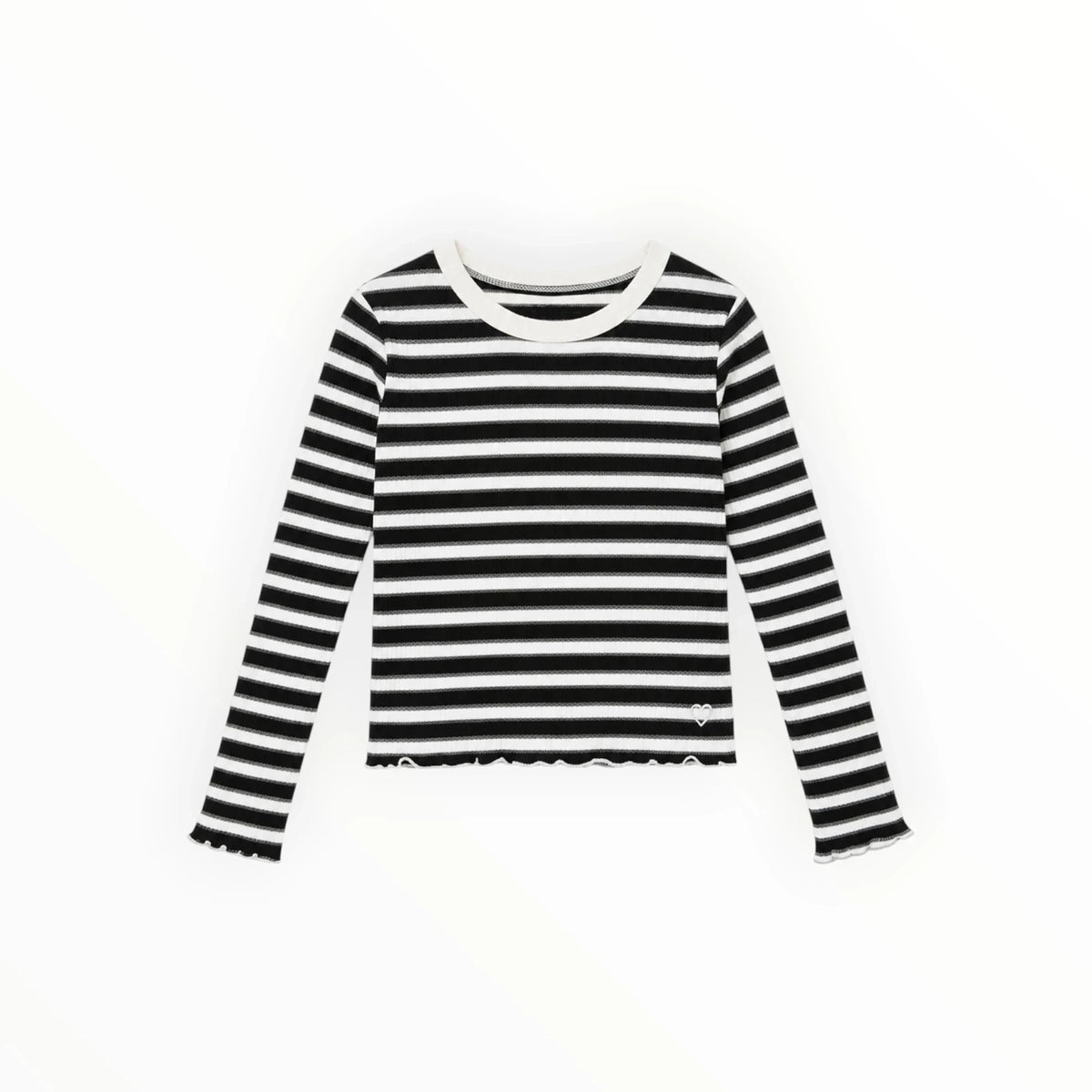 Pierrot Outlet zwart-wit gestreept shirt met lange mouwen, ronde hals, geribbelde stof en geborduurd hartje.