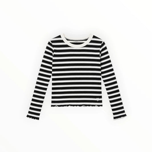 Pierrot Outlet zwart-wit gestreept shirt met lange mouwen, ronde hals, geribbelde stof en geborduurd hartje.
