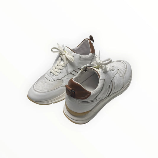 Pierrot Outlet witte damessneakers van leer en mesh met bruine hielaccenten en vetersluiting
