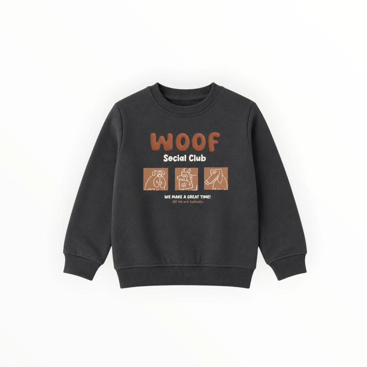 Pierrot Outlet antracietgrijze kindersweater met Woof Social Club hondenprint en ronde hals
