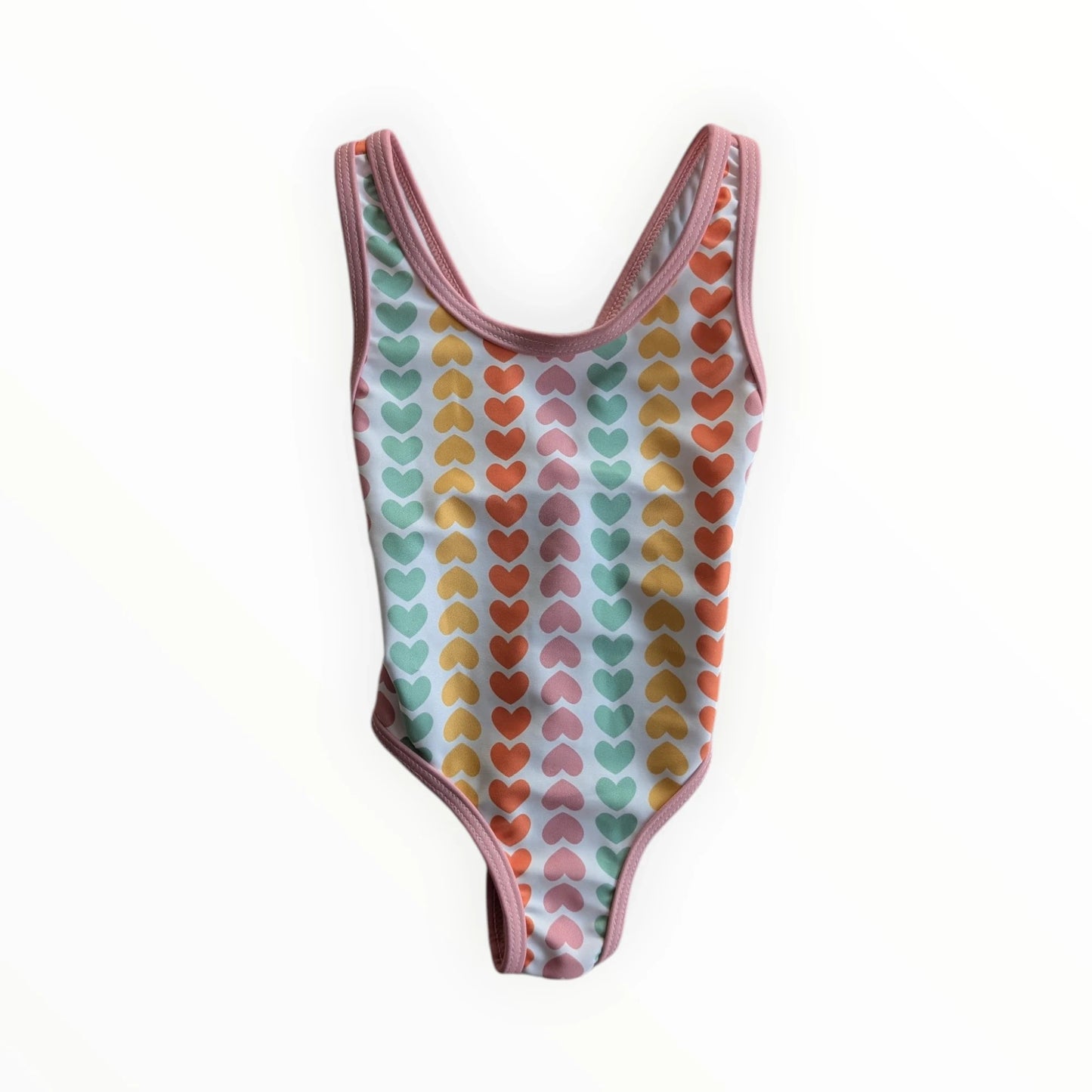 Pierrot Outlet baby meisjes badpak met hartjesprint in pastelkleuren en roze biesje. Gekruiste bandjes op de rug.