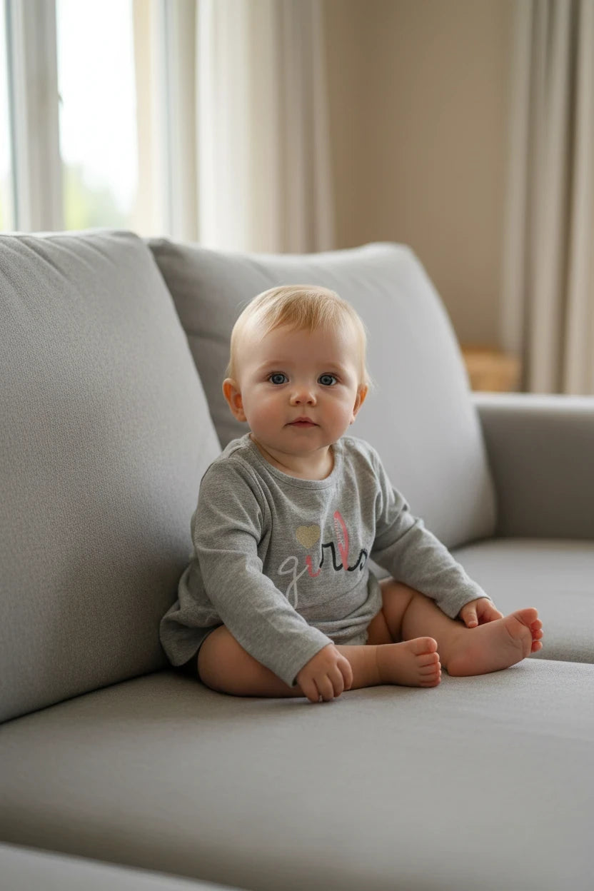 Pierrot Outlet baby meisjes longsleeve in grijs katoen met glitter 'girls' opschrift. Zachte stof, comfortabel voor dagelijks gebruik.
