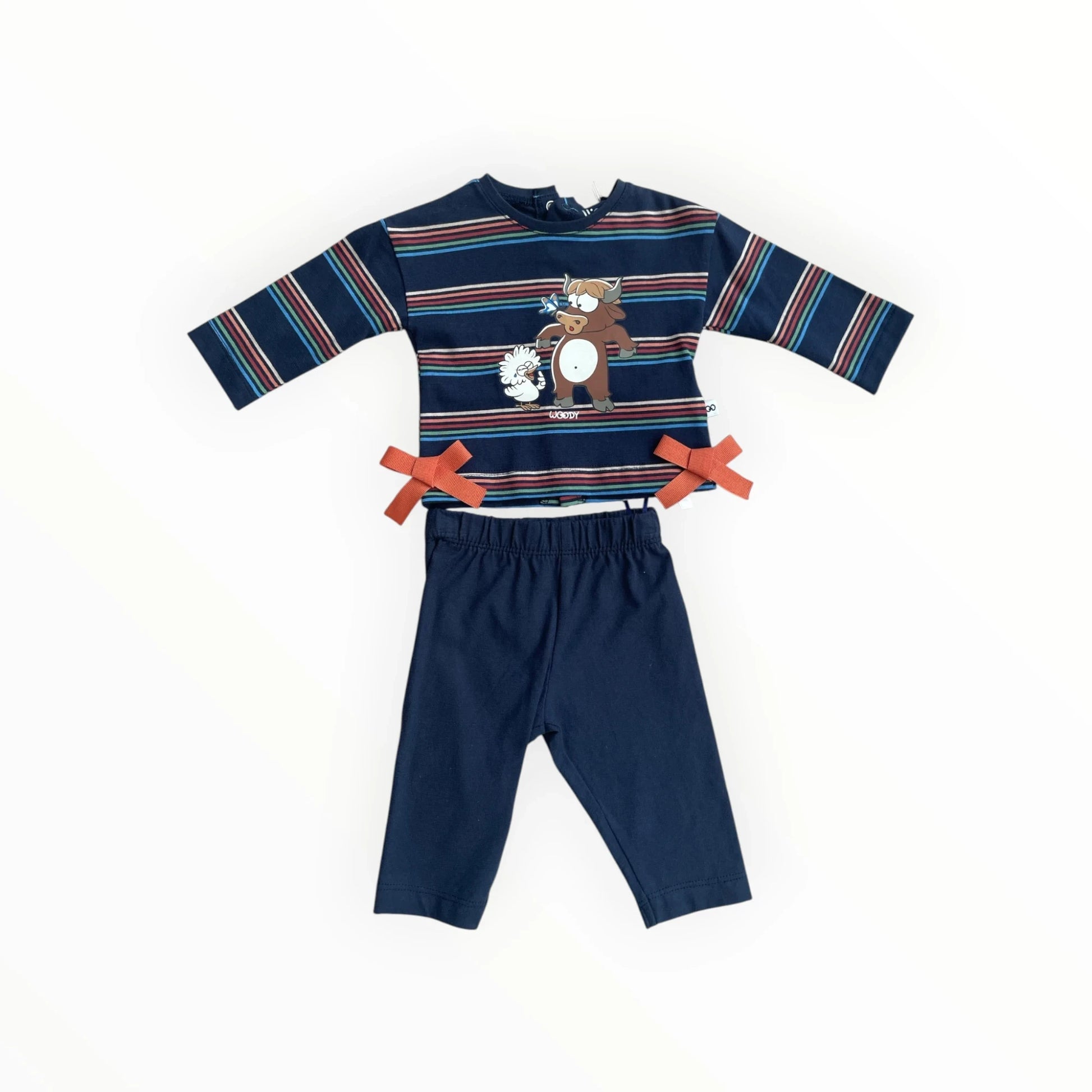 Pierrot Outlet gestreept baby pyjamapak met stier en kuiken print, lange mouwen en legging met strikjes.