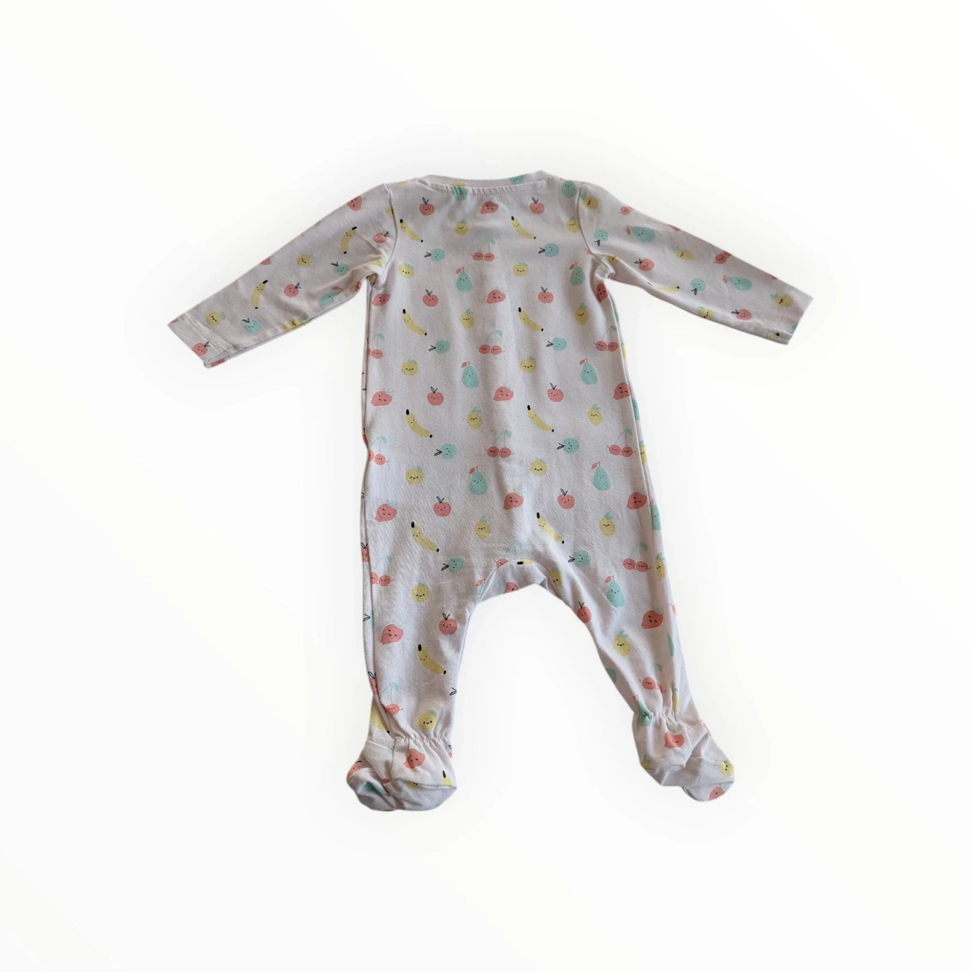 Pierrot Outlet baby pyjamapakje met lange mouwen, katoen, met fruitprint van bananen, appels en peren in pastelkleuren.