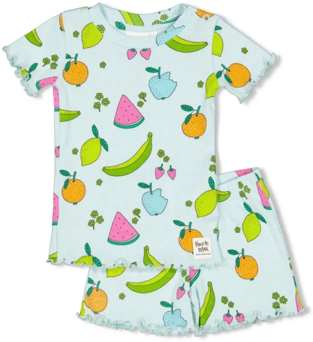Pierrot Outlet baby pyjamaset lichtblauw met fruitprint, biologisch katoen, korte mouwen en broekje met franjes.