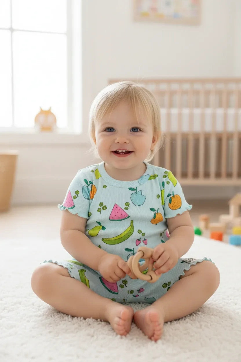 Pierrot Outlet baby pyjamasetje lichtblauw met fruitprint, biologisch katoen, franjes, drukknoopjes. Baby zit op vloerkleed.