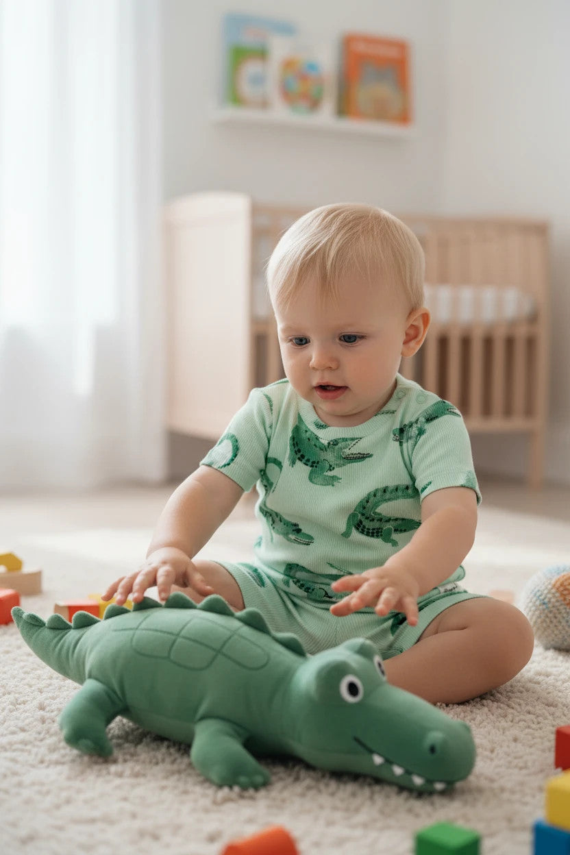 Pierrot Outlet baby pyjamasetje in lichtgroen katoen met krokodillenprint. T-shirt met korte mouwen en korte broek.