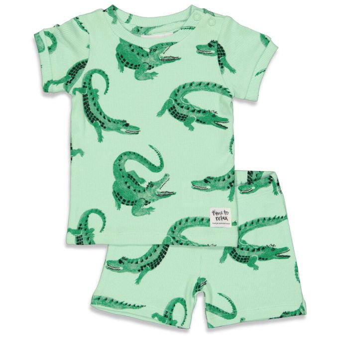Pierrot Outlet baby pyjamaset lichtgroen met krokodillenprint, katoen, korte mouwen en broekje.