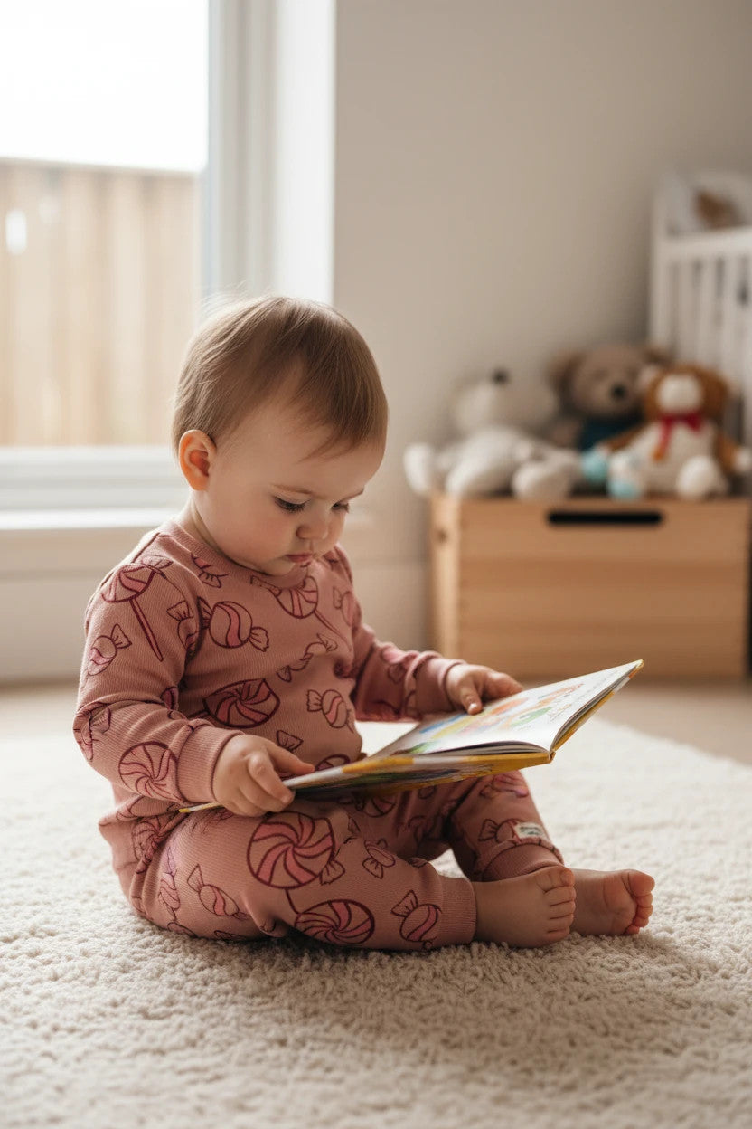Pierrot Outlet baby pyjamaset in zacht roze met snoepjesprint, gemaakt van biologisch katoen.