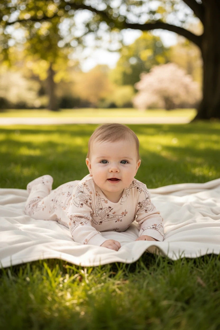 Pierrot Outlet baby pyjamaset met lange mouwen en vogelprint in beige, gemaakt van zacht geribd katoen.