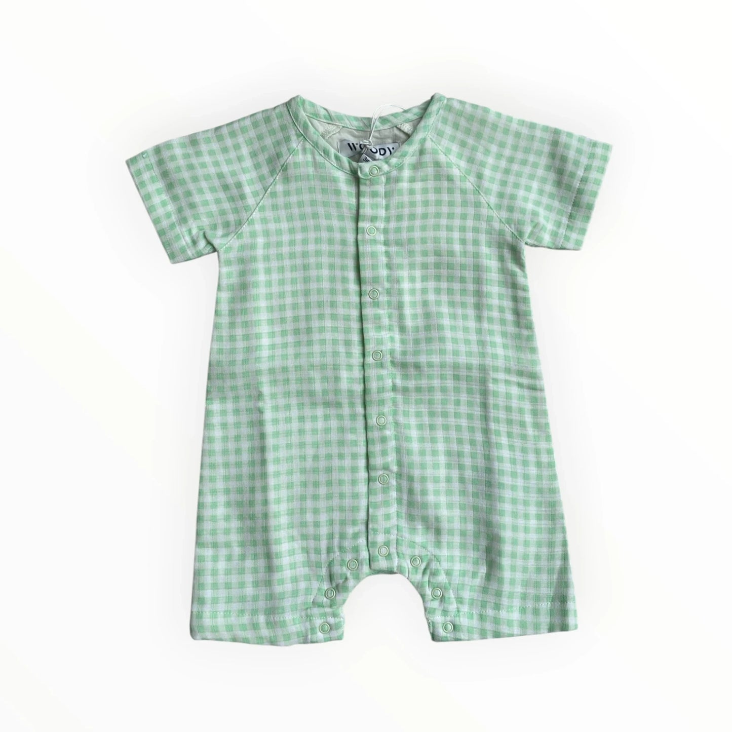 Pierrot Outlet baby romper met korte mouwen en groen ruitjespatroon, perfect voor warme dagen.