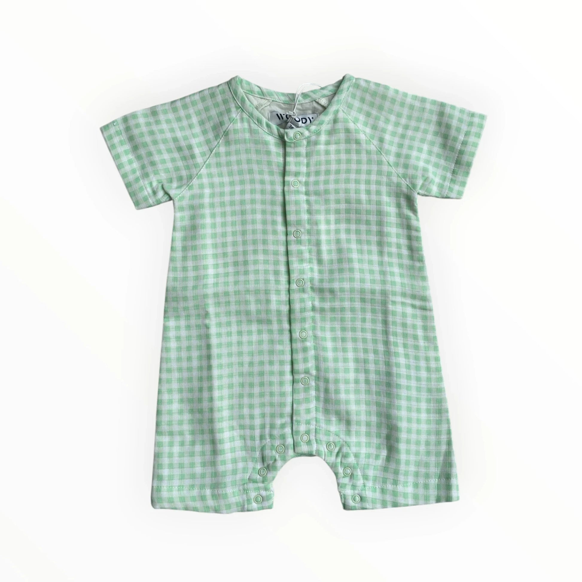 Pierrot Outlet baby romper met korte mouwen en groen ruitjespatroon, perfect voor warme dagen.