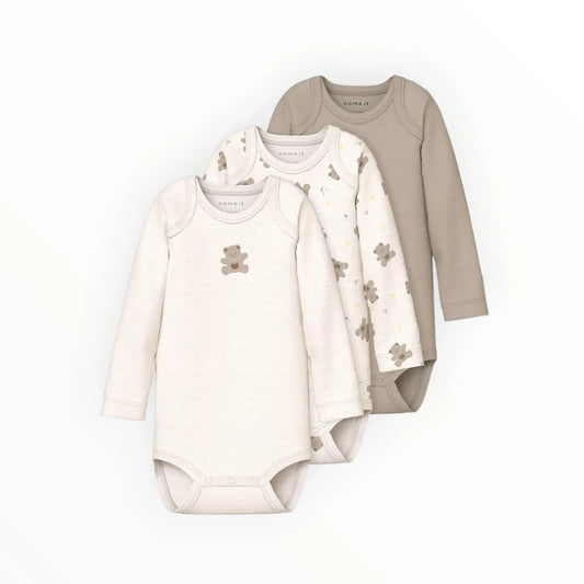 Pierrot Outlet 3-pack longsleeve rompers van katoen met teddybeerprint en effen beige kleur.