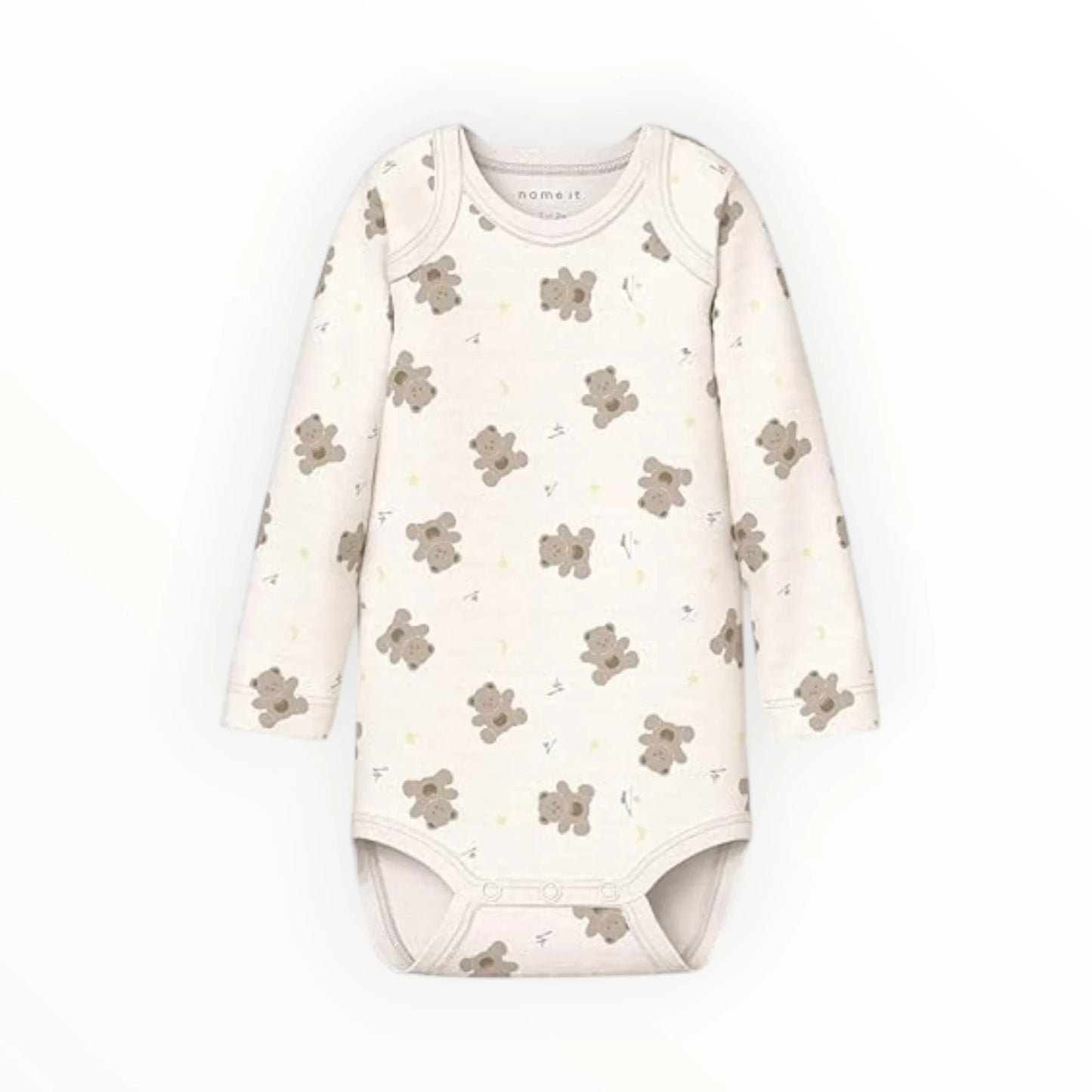 Pierrot Outlet baby romper met lange mouwen en teddybeerprint, gemaakt van zacht katoen in crème met bruine teddyberen en maantjes.