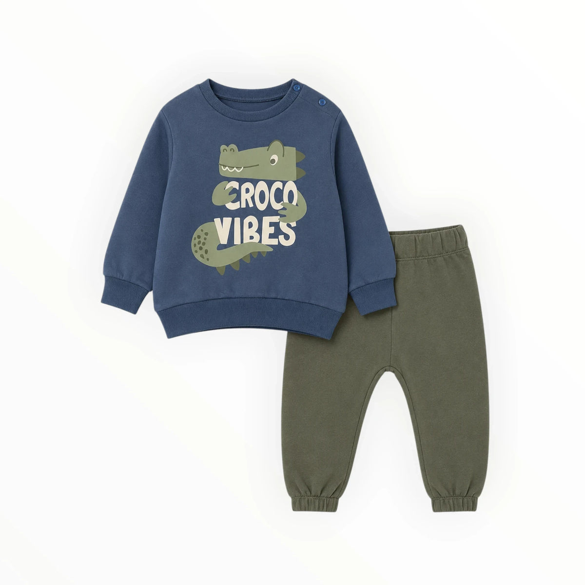 Pierrot Outlet tweedelige baby set met donkerblauwe sweater met krokodillenprint en olijfgroene katoenen broek