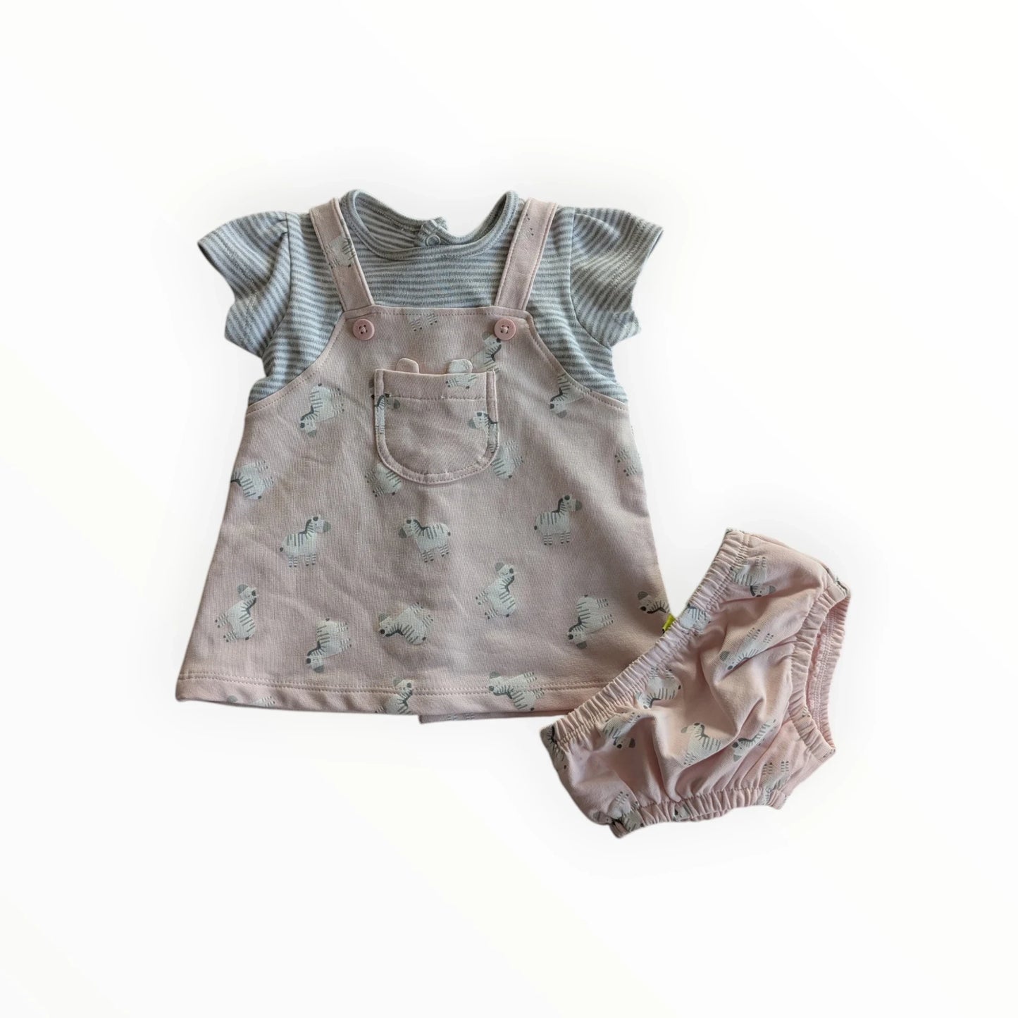 Pierrot Outlet babyjurk met zebraprint in roze en gestreepte top, met bijpassend broekje. Korte mouwen, drukknoopjes.