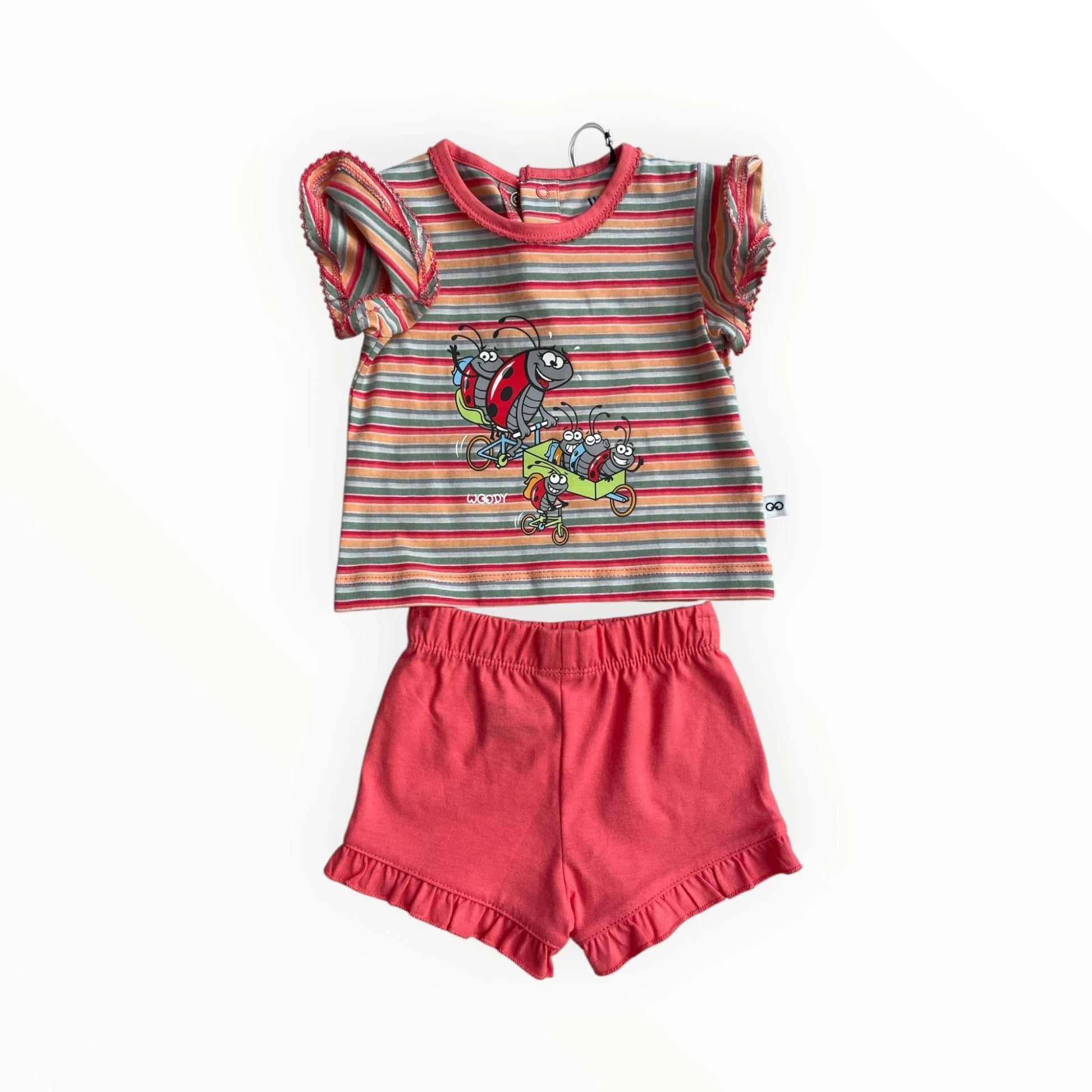 Pierrot Outlet babykleding set met gestreepte top en rode ruche broek, met lieveheersbeestjesprint.
