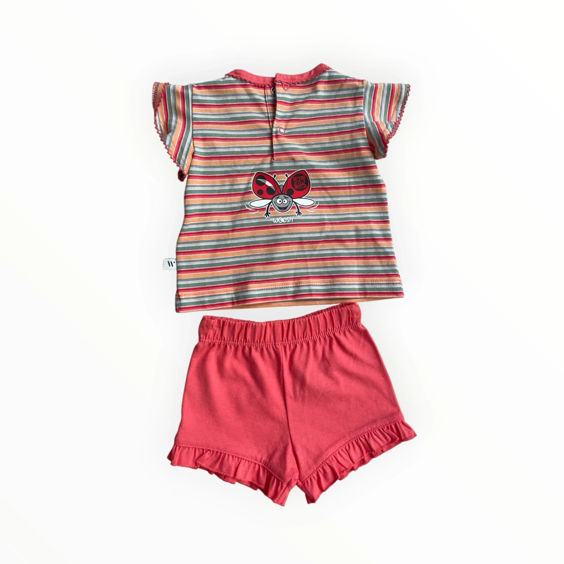 Pierrot Outlet babykleding set met gestreepte top en rode ruchebroek. Lieveheersbeestje print op de top.