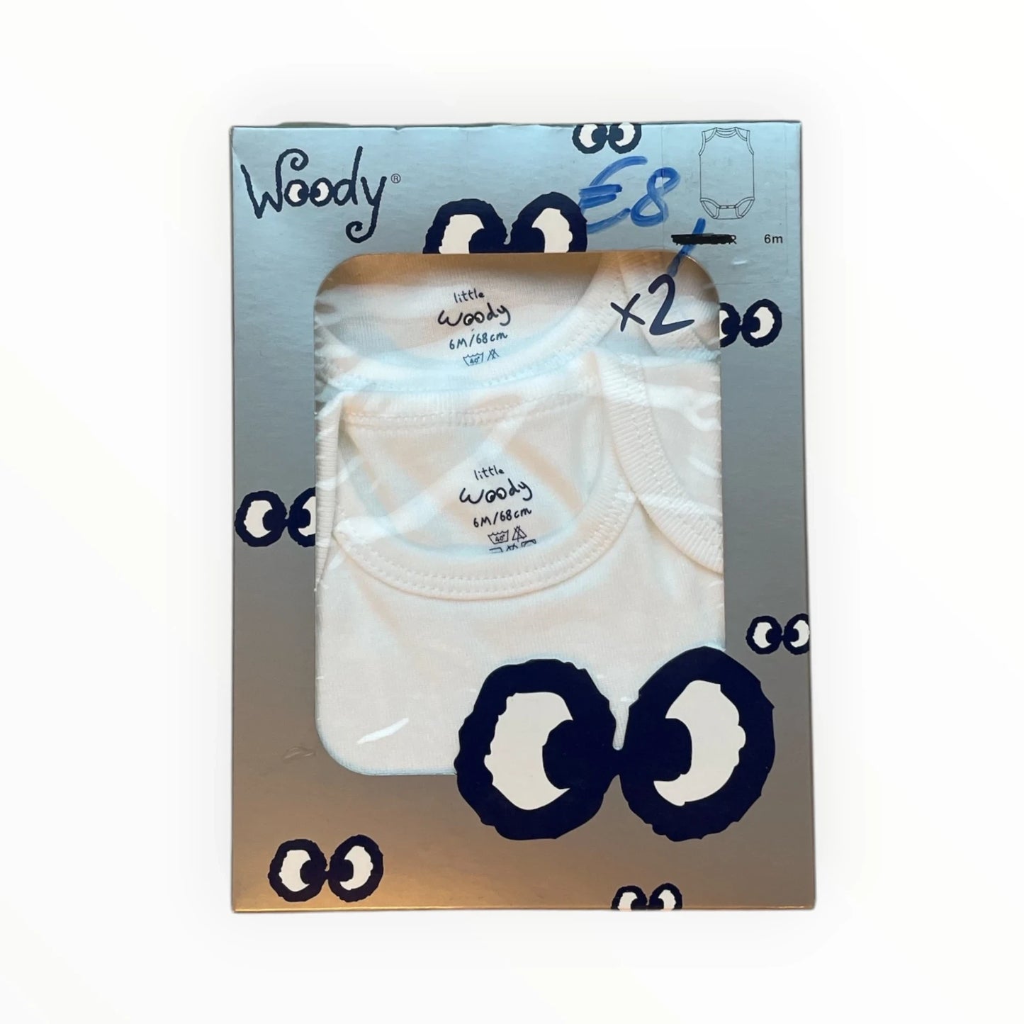 Pierrot Outlet Little Woody 2-pack witte babyrompers, mouwloos, maat 6M/68cm, zacht katoen, met drukknoopsluiting.