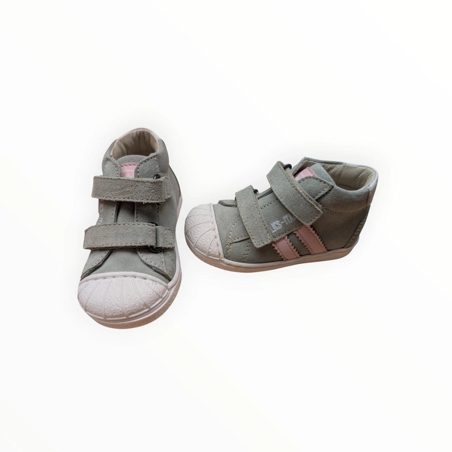 Pierrot Outlet babyschoentjes lichtgroen suède-look met roze strepen en klittenbandsluiting