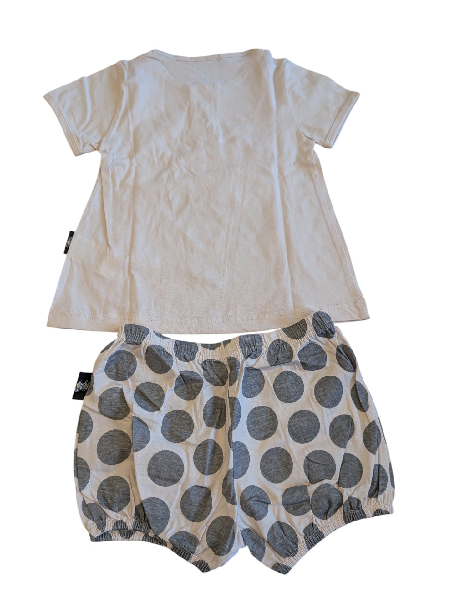 Pierrot Outlet tweedelige babyset met beige T-shirt en grijs gestippeld broekje met elastische boorden