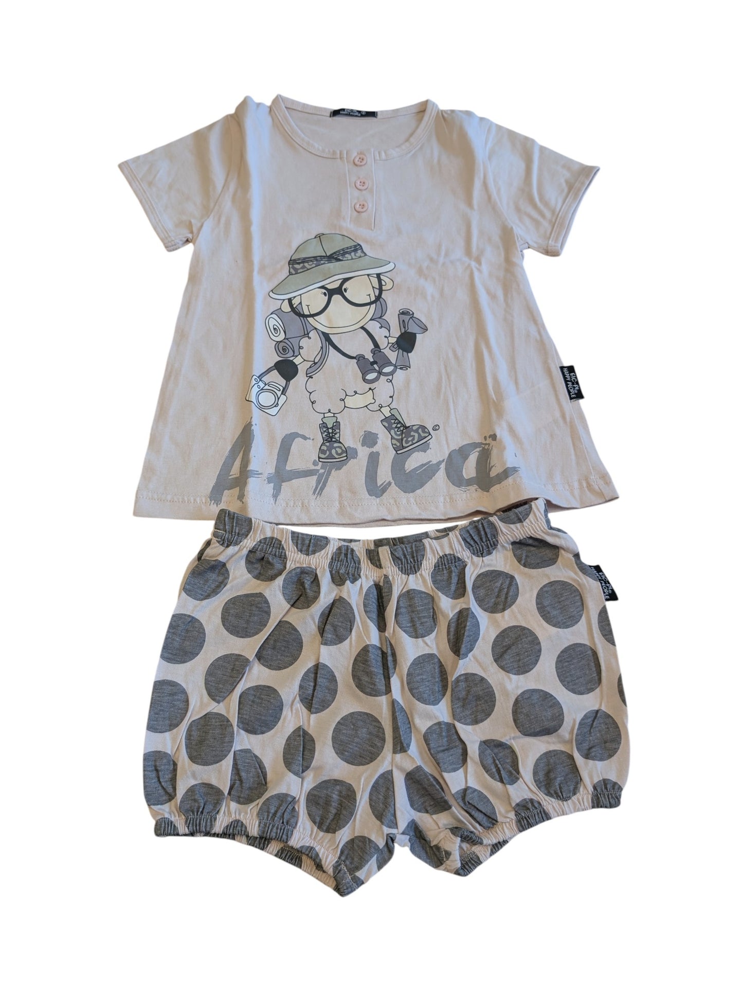 Pierrot Outlet tweedelige babyset met beige T-shirt met safari-opdruk en grijs broekje met stippenpatroon