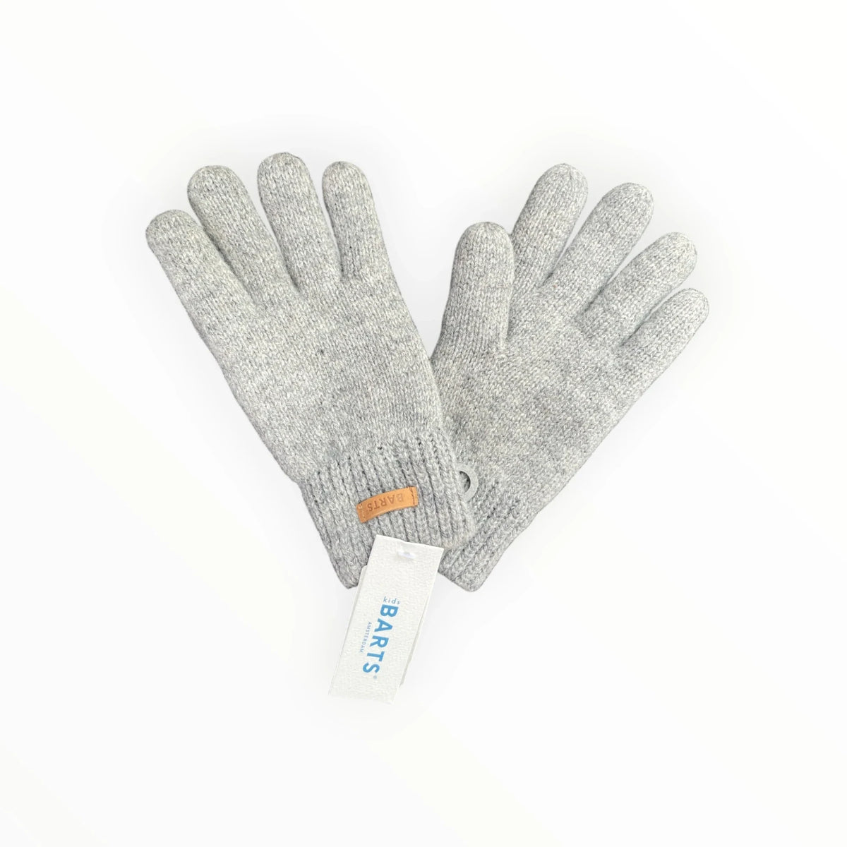 Pierrot Outlet BARTS children's light grey marl knitted winter gloves with ribbed cuffs and a leather-look brand patch.