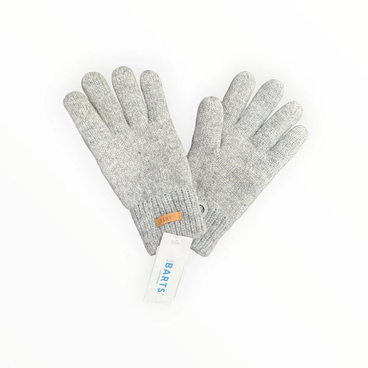 Pierrot Outlet BARTS children's light grey marl knitted winter gloves with ribbed cuffs and a leather-look brand patch.