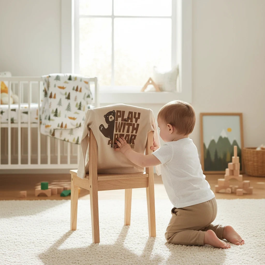 Pierrot Outlet beige Losan shirt met lange mouwen en berenprint op een houten kinderstoel in een lichte babykamer.