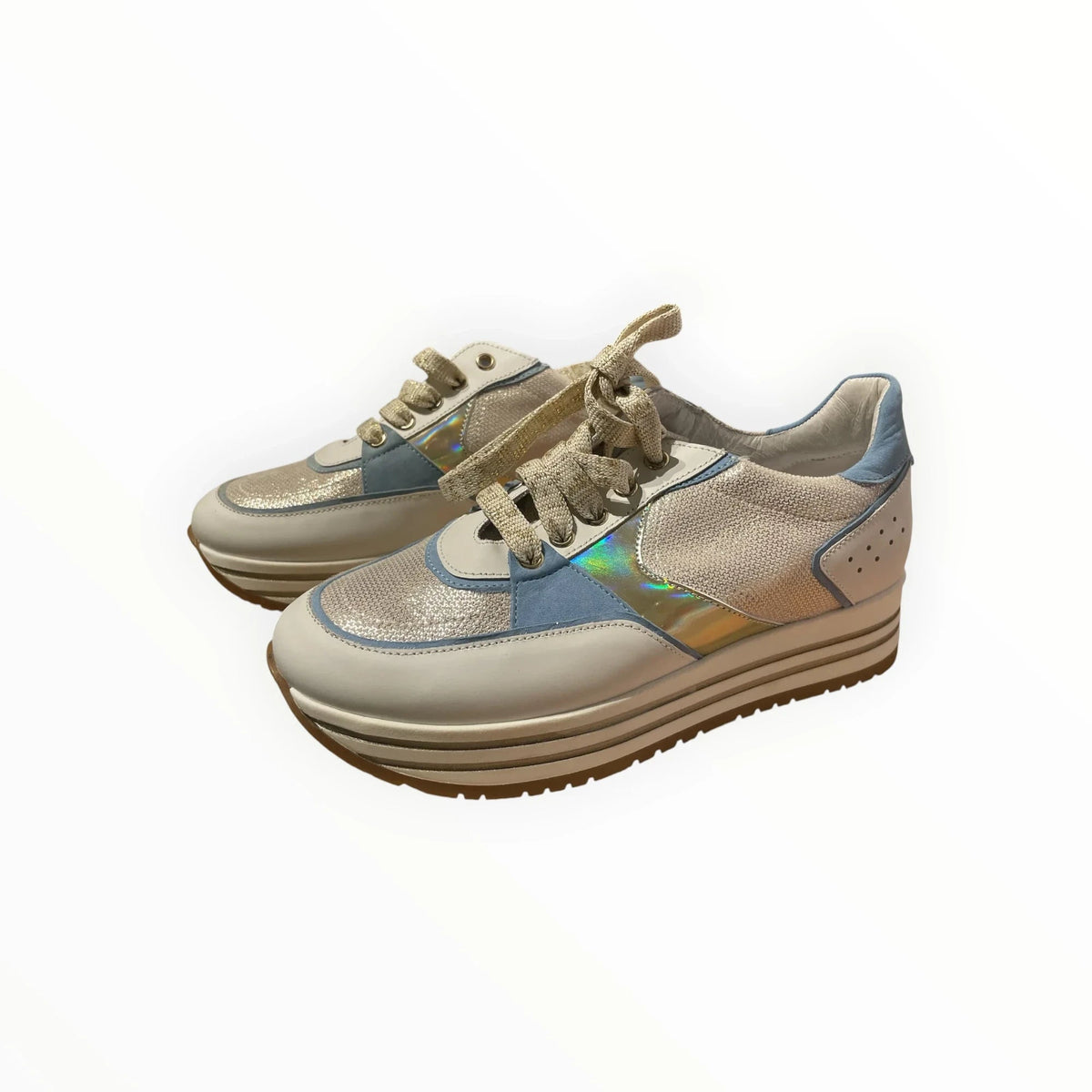 Pierrot Outlet damessneakers met plateauzool in beige en blauw met metallic details en vetersluiting