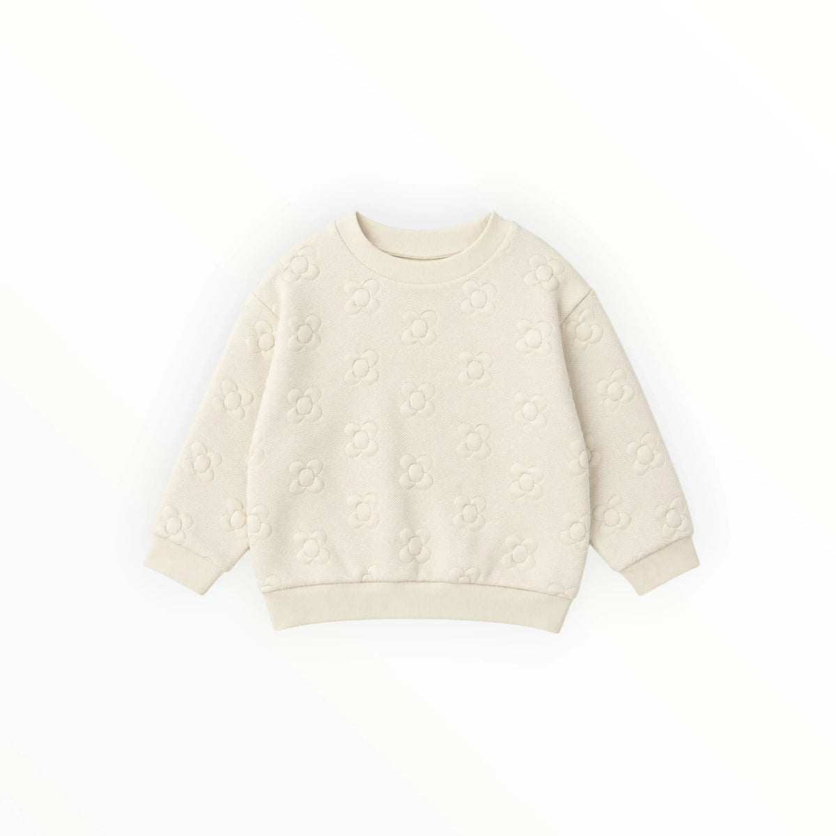 Pierrot Outlet beige kindersweater met subtiel ton-sur-ton bloemenpatroon in reliëf en ronde hals