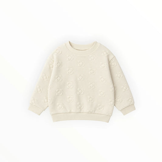 Pierrot Outlet beige kindersweater met subtiel ton-sur-ton bloemenpatroon in reliëf en ronde hals
